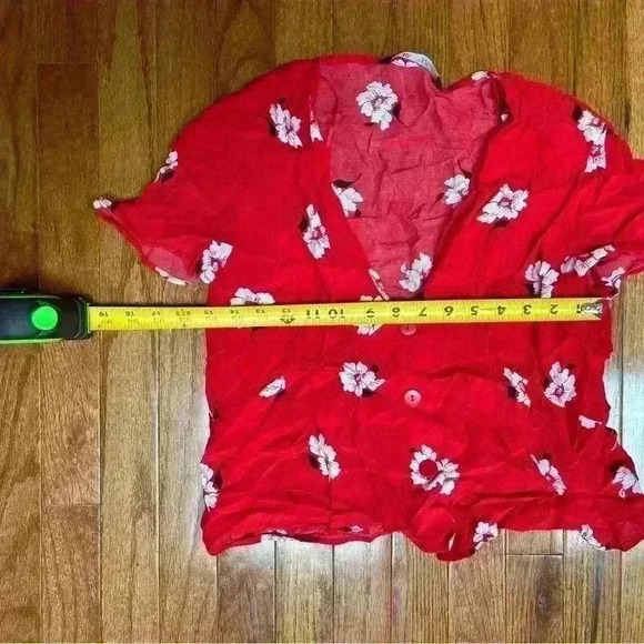 ZARA floral red cottage core top cap sleeve v neck button down size L - Picture 5 of 5
